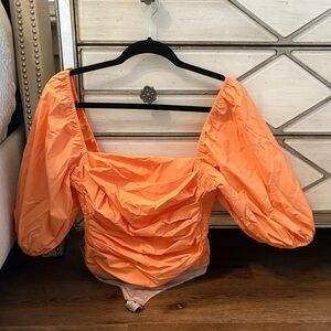 Orange Puff Sleeve Women's Top